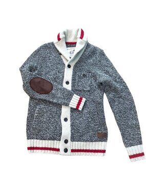 Roots Cabin Men's Shawl Cardigan Sz M Gray Elbow Patches Wool Blend Fisherman